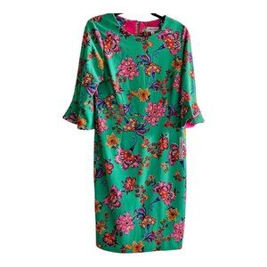 Shelby & Palmer Sheath Dress Green Pink Floral 3/4 Sleeve Size 14 NWT